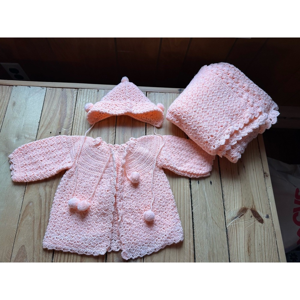 Vintage Baby Pink/Peach Knitted / Crocheted Sweater Hat And Blanket Set